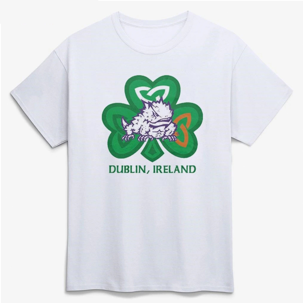 TCU Horned Frogs Merch 2026 TCU Horned Frogs Football Dublin Ireland Frog Shamrock T-Shirt White TCU Horned Frogs Merch 2026 TCU Horned Frogs Football Dublin Ireland Frog Shamrock T-Shirt White
