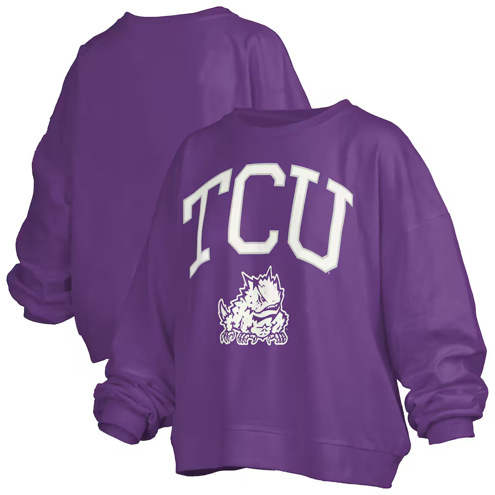 TCU Horned Frogs Merch 2026 TCU Horned Frogs Pressbox Janise Arch Over Logo Sweatshirt Women's
