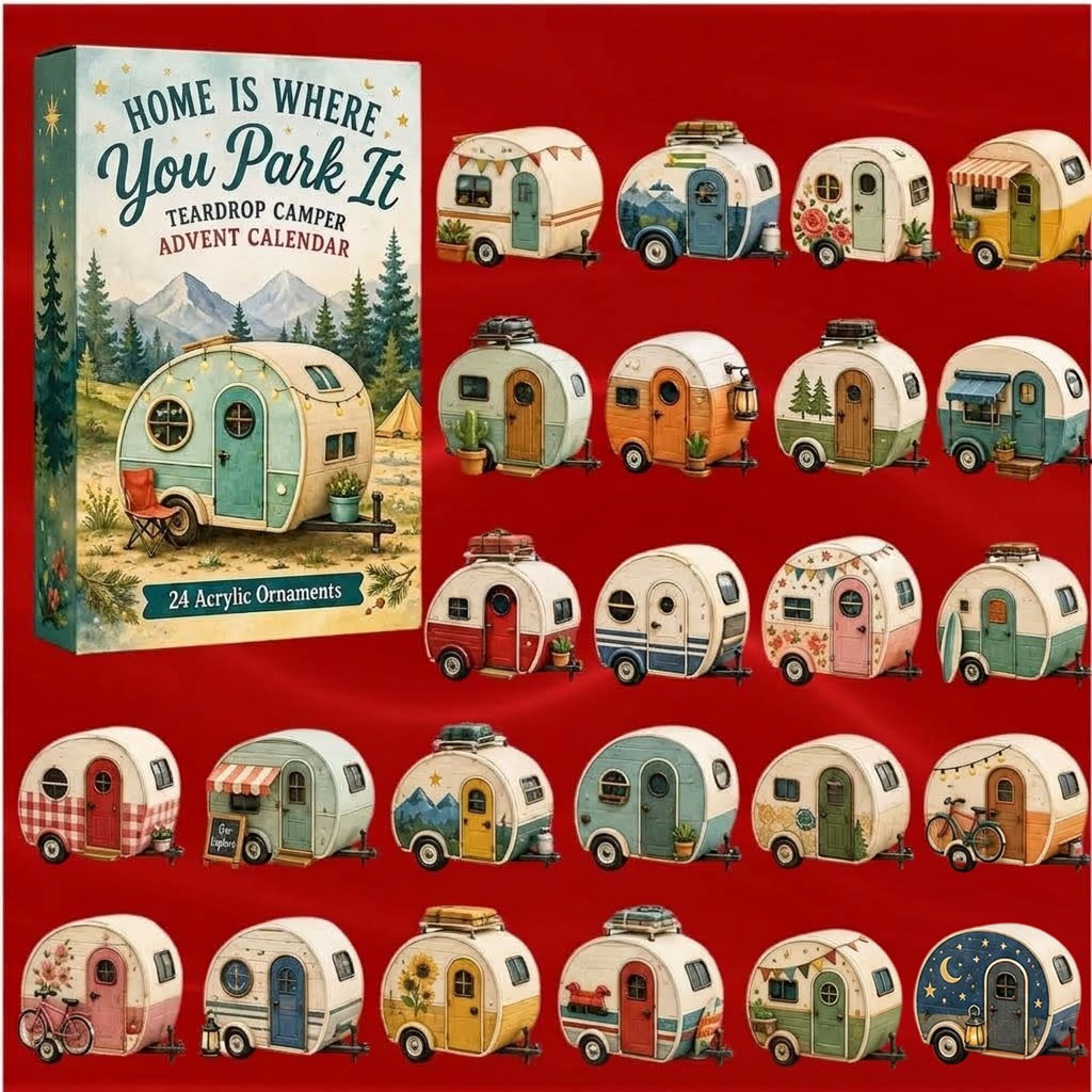 Teardrop Camper Advent Calendar 24 Flat Acrylic Christmas Tree Ornaments For RV Camping Lovers