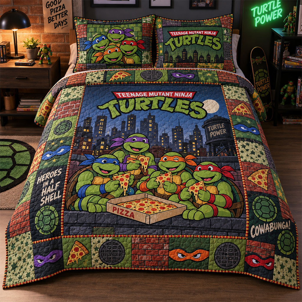 Teenage Mutant Ninja Turtles Pizza-Loving Heroes Quilt Bedding Set Comic Bed Decor TMNT Merch Teenage Mutant Ninja Turtles Pizza-Loving Heroes Quilt Bedding Set Comic Bed Decor TMNT Merch