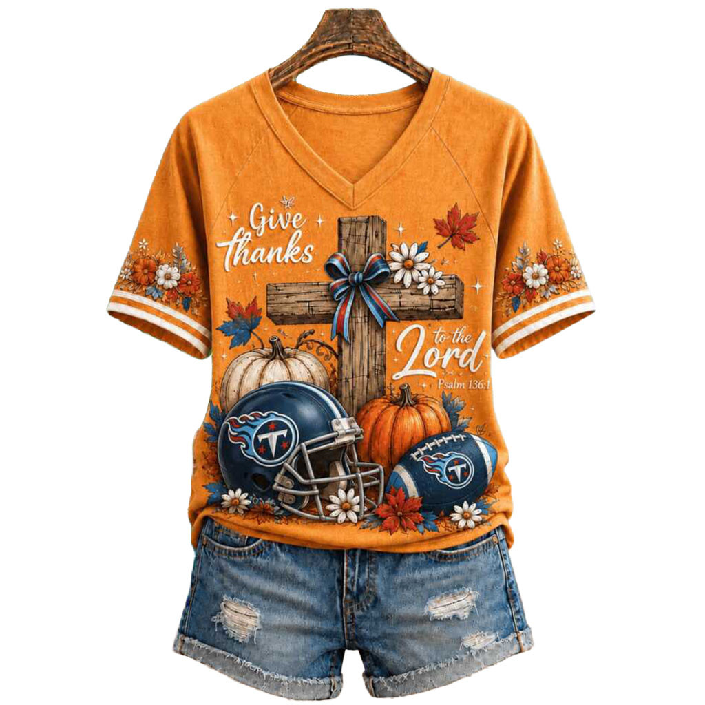Tennessee Titans Football Pumpkin Cross Give Thanks V-Neck Shirt Titans Merch Game Day Gear Tennessee Titans Football Pumpkin Cross Give Thanks V-Neck Shirt Titans Merch Game Day Gear