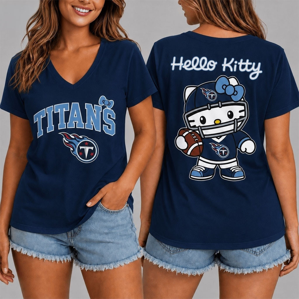 Tennessee Titans X Hello Kitty V-Neck Shirt Kawaii Game Day Shirt Tennessee Titans Merch Gifts