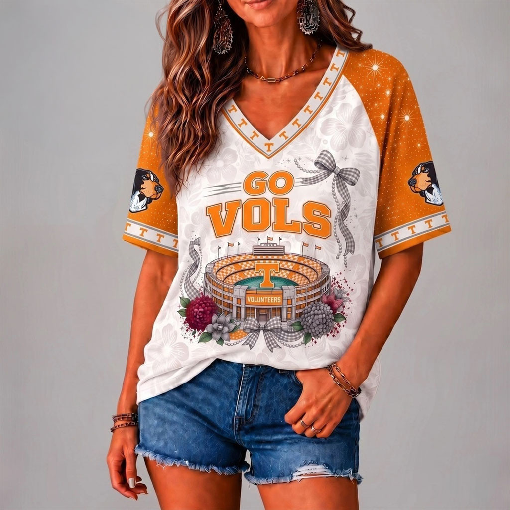 Tennessee Volunteers Merch Floral Stadium Bow V-Neck Shirt Go Vols Shirt Gift For Game Day