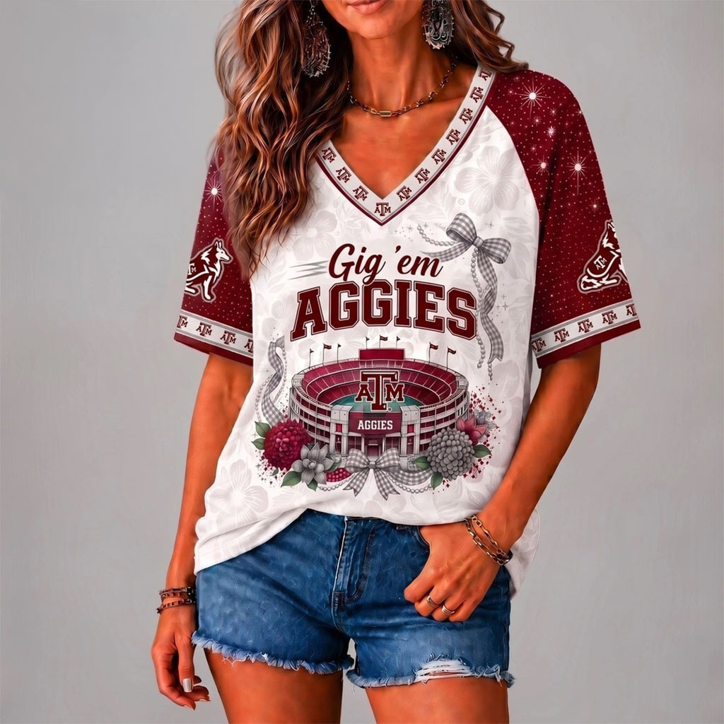 Texas A&M Aggies Merch Floral Stadium Bow V-Neck Shirt Gig Em Aggies Shirt Gift For Women