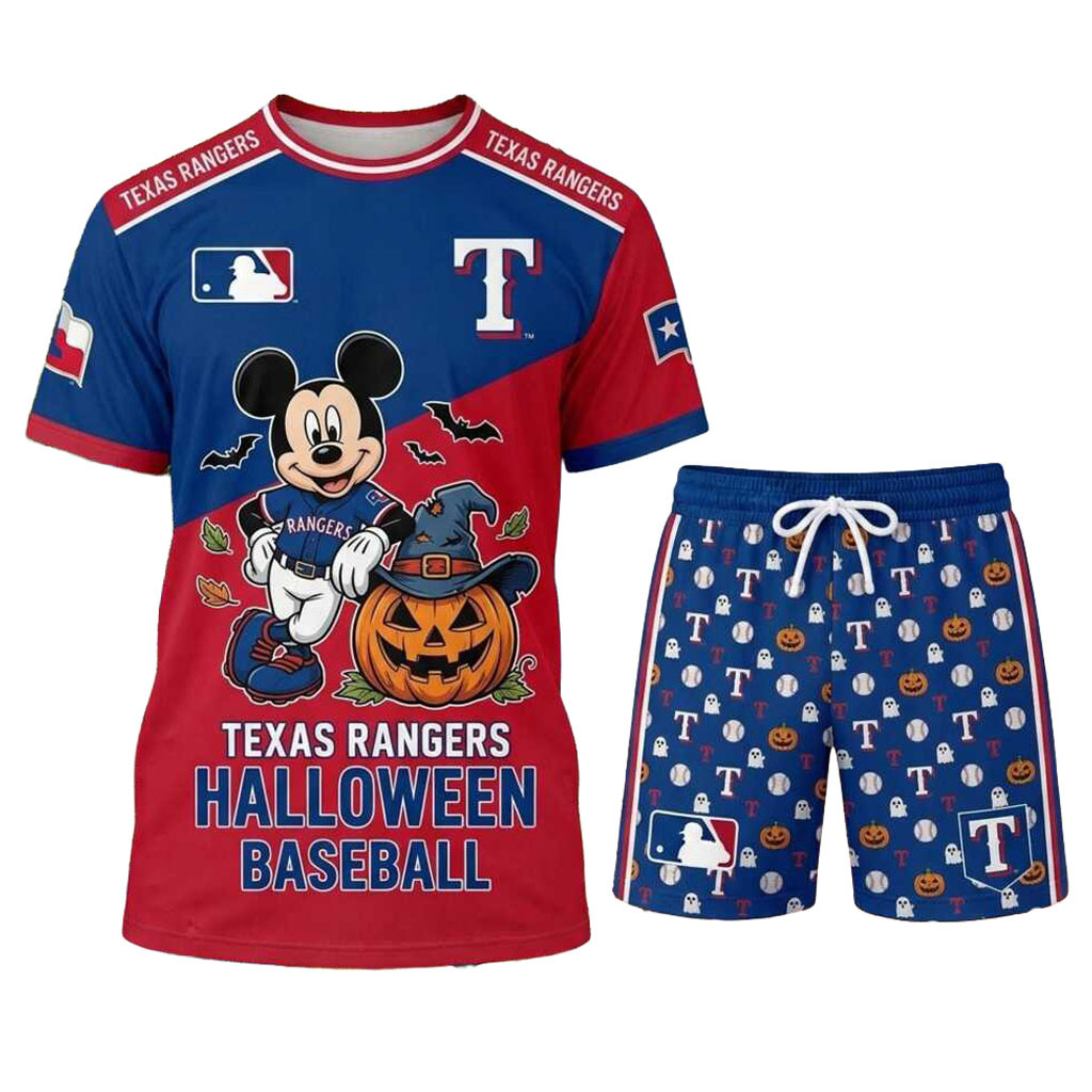 Texas Rangers Mickey Mouse Halloween Witch Pumpkin Shirt And Shorts Texas Rangers Merch Gifts Texas Rangers Mickey Mouse Halloween Witch Pumpkin Shirt And Shorts Texas Rangers Merch Gifts