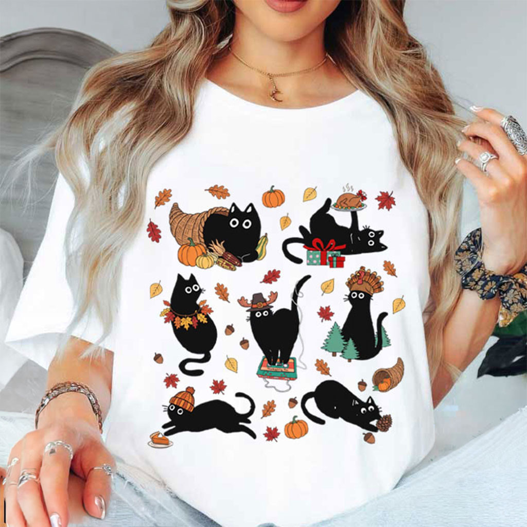 Thanksgiving Black Cat Cozy Season Cute Kitty Autumn T-Shirt Gifts For Thanksgiving
