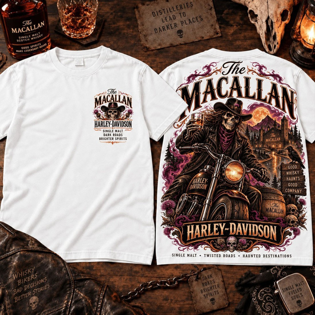 The Macallan X Harley Davidson Merch Haunted Roads Skeleton T-Shirt Halloween Gift For Him