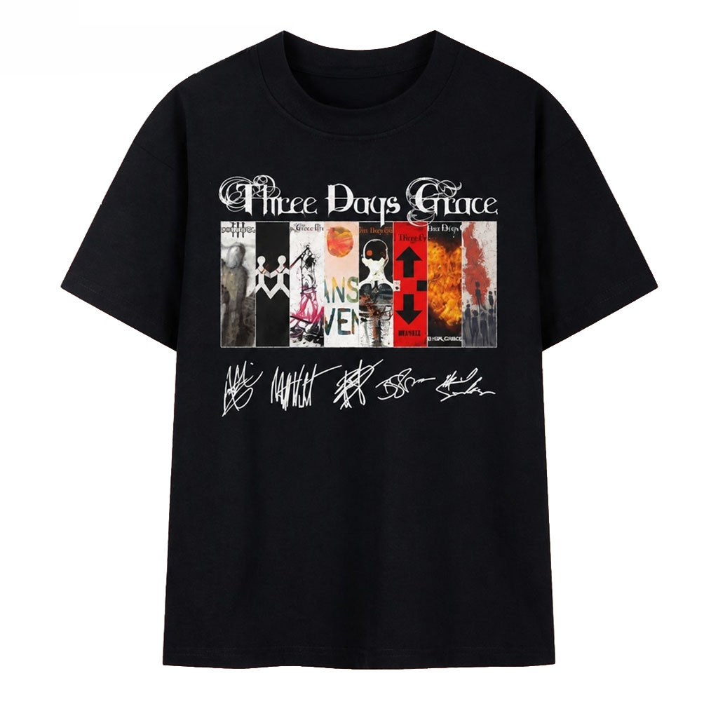 Three Days Grace All Album Covers Graphic Band Signatures T-Shirt Three Days Merch Fan Gear