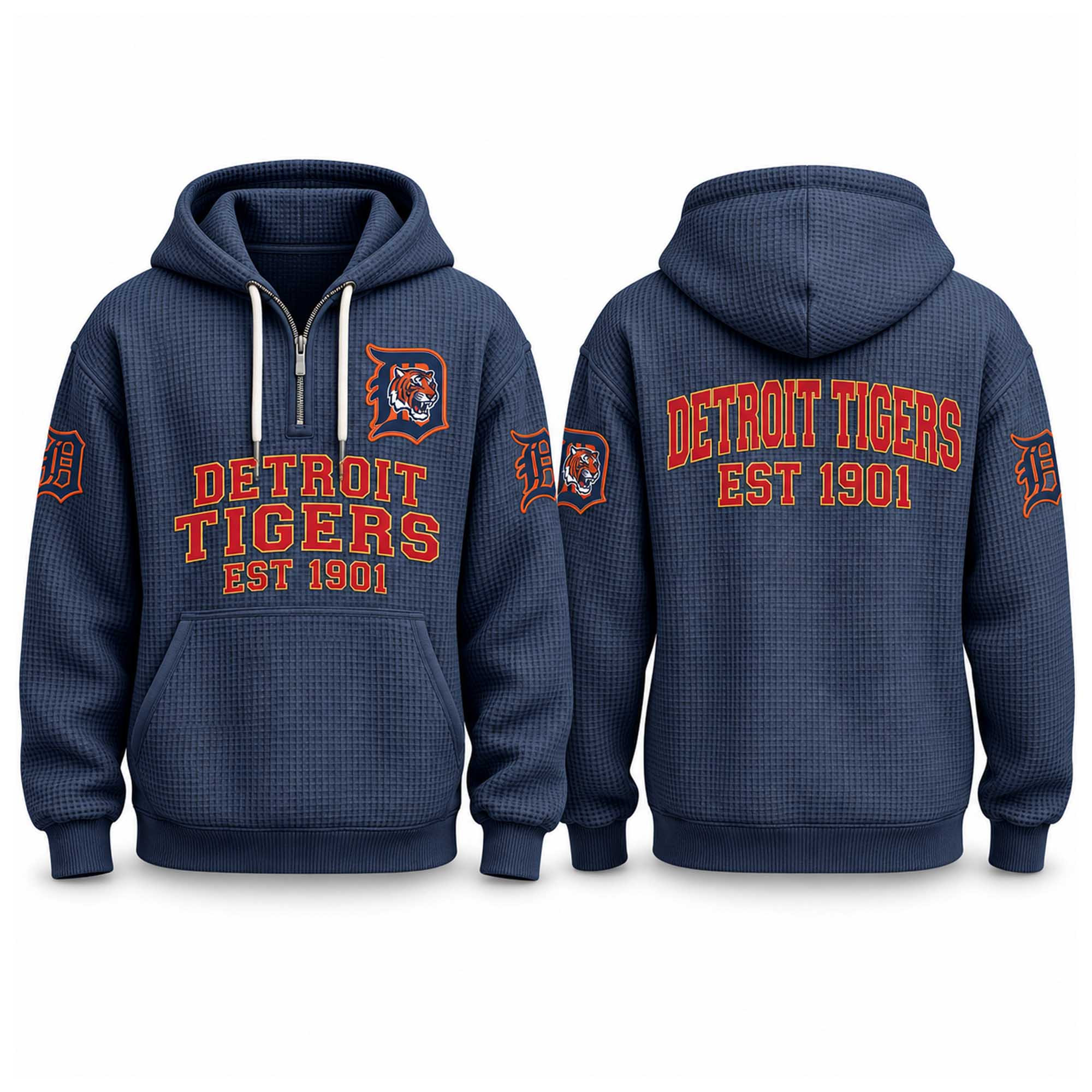 Tigers EST 1901 Quarter Zip Waffle Hoodie Detroit Tigers Merch Presents For Baseball Fans