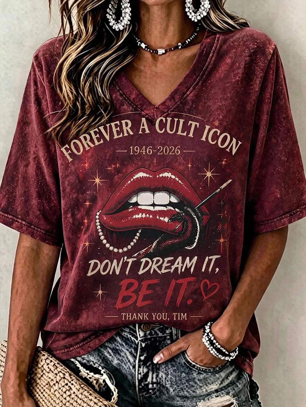 Tim Curry Merch Don't Dream It Be It V-Neck Raglan Sleeve Shirt Forever A Cult Icon 1946 2026 Merch Womens Tim Curry Merch Don't Dream It Be It V-Neck Raglan Sleeve Shirt Forever A Cult Icon 1946 2026 Merch Womens
