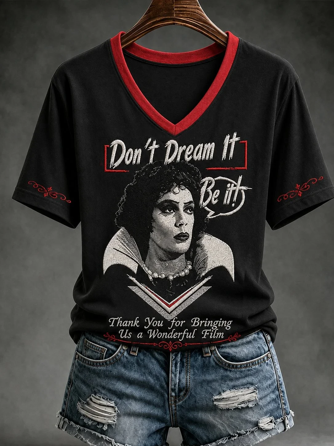 Tim Curry Merch Don't Dream It Be It V-Neck Shirt Thank You For Bringing Us A Wonderful Film'