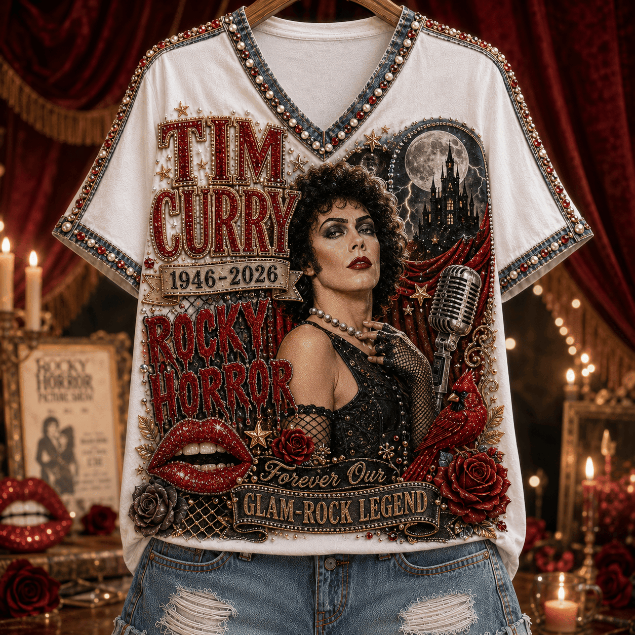 Tim Curry Rocky Horror Picture Show Tribute V-Neck T-Shirt 1946-2026 Tim Curry RIP Shirt