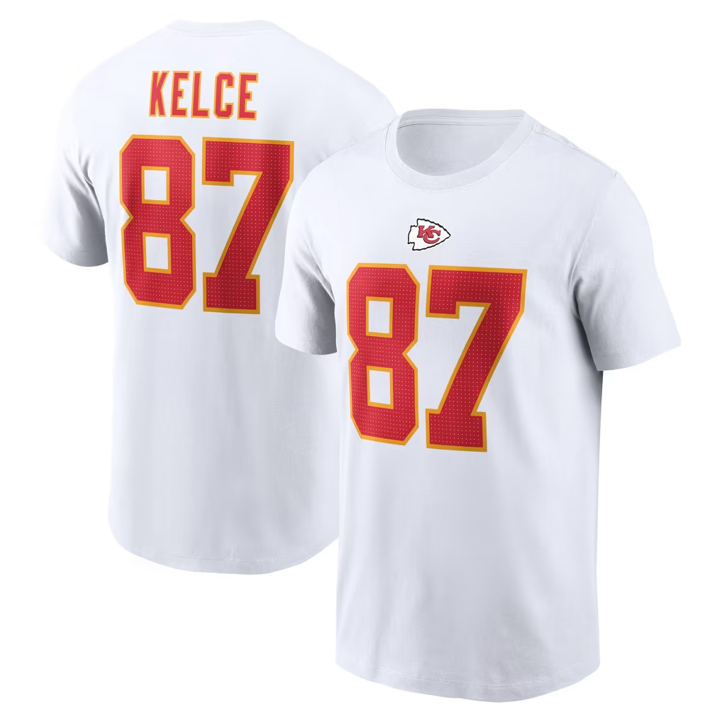 Travis Kelce Merch 2026 Kansas City Chiefs #87 Travis Kelce Name And Number T-Shirt White Travis Kelce Merch 2026 Kansas City Chiefs #87 Travis Kelce Name And Number T-Shirt White