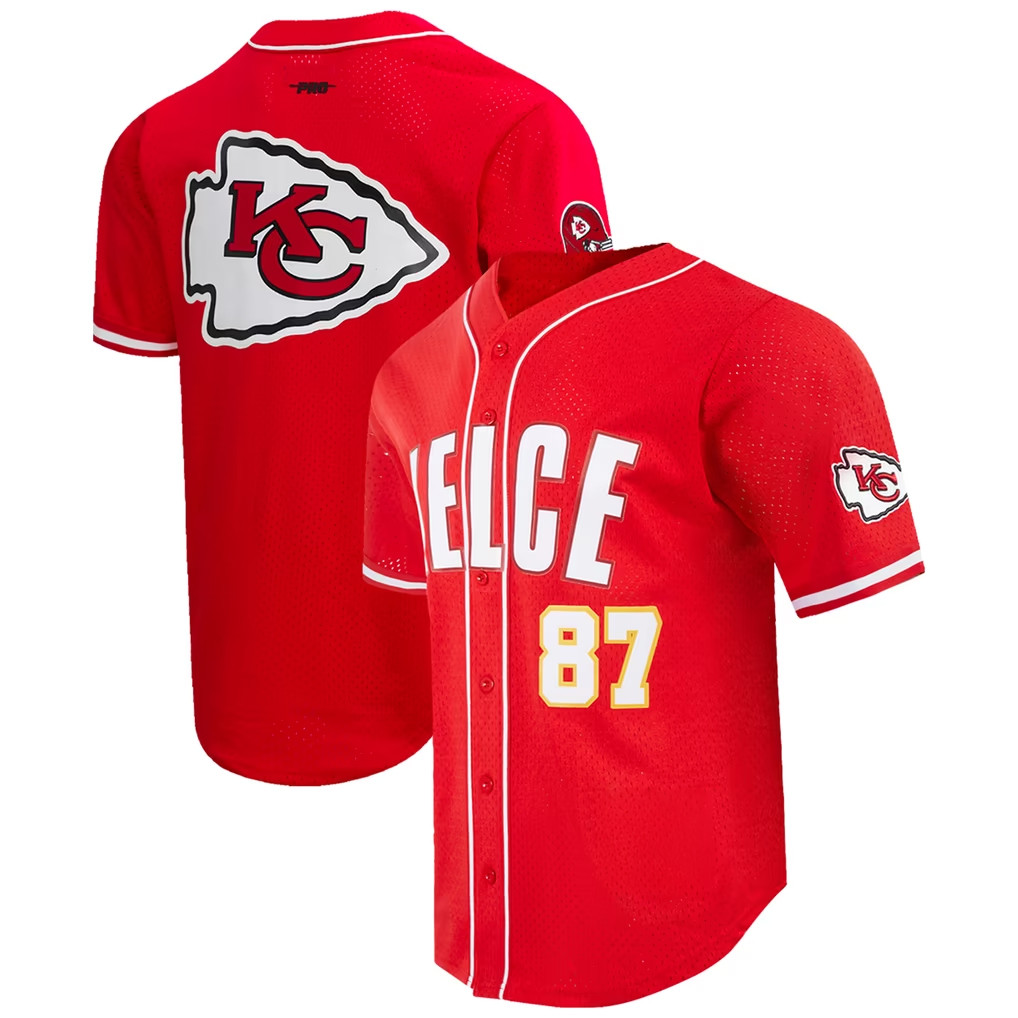 Travis Kelce Merch 2026 Kansas City Chiefs #87 Travis Kelce Pro Standard Baseball Jersey Red