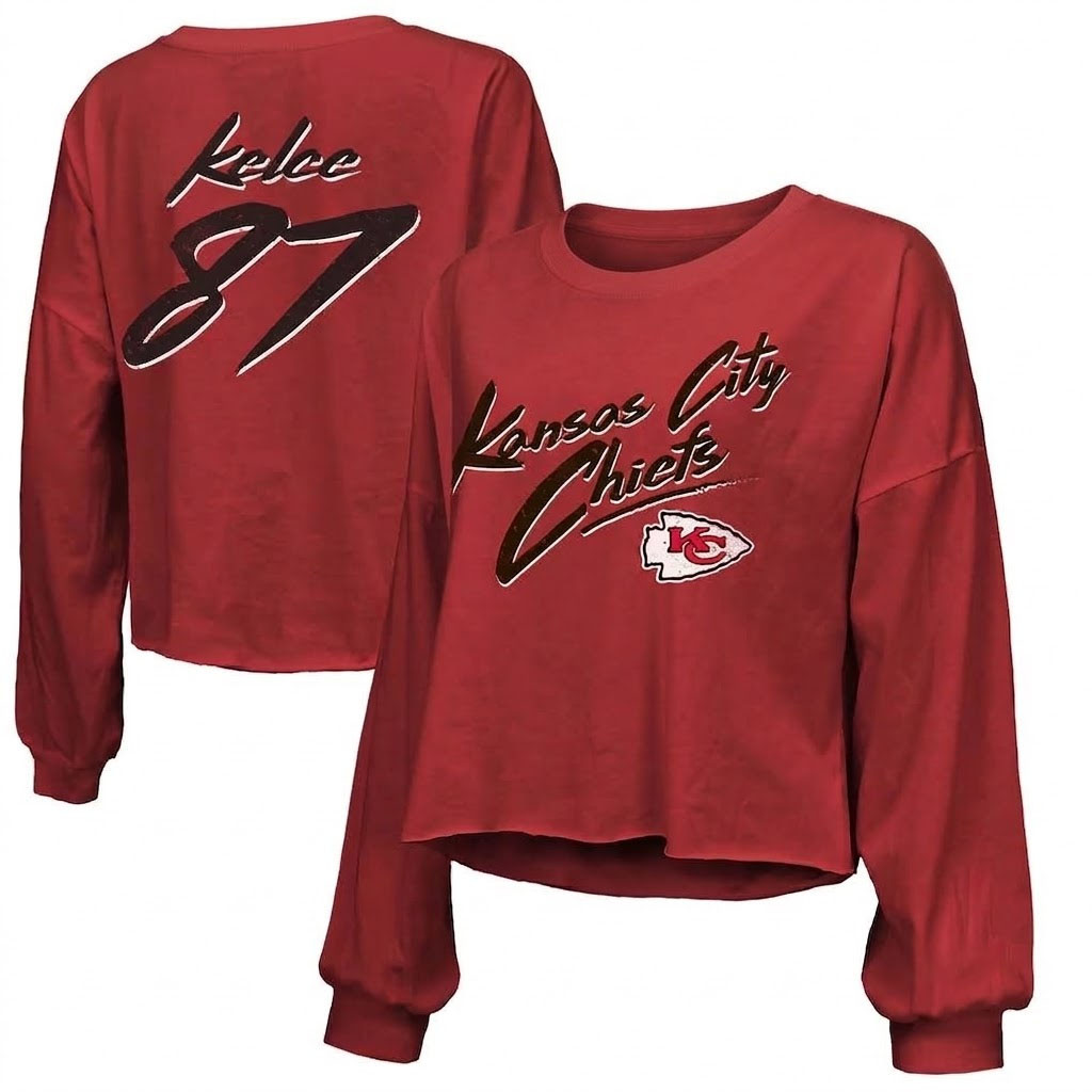 Travis Kelce Merch 2026 Kansas City Chiefs #87 Travis Kelce Script Crop Long Sleeve Neck Shir