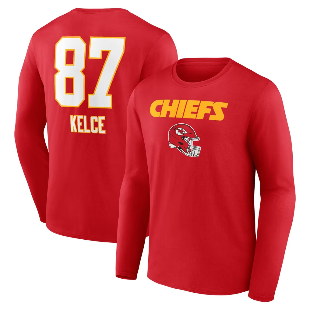 Travis Kelce Merch 2026 Kansas City Chiefs #87 Travis Kelce Team Wordmark Long Sleeve Shirt Red