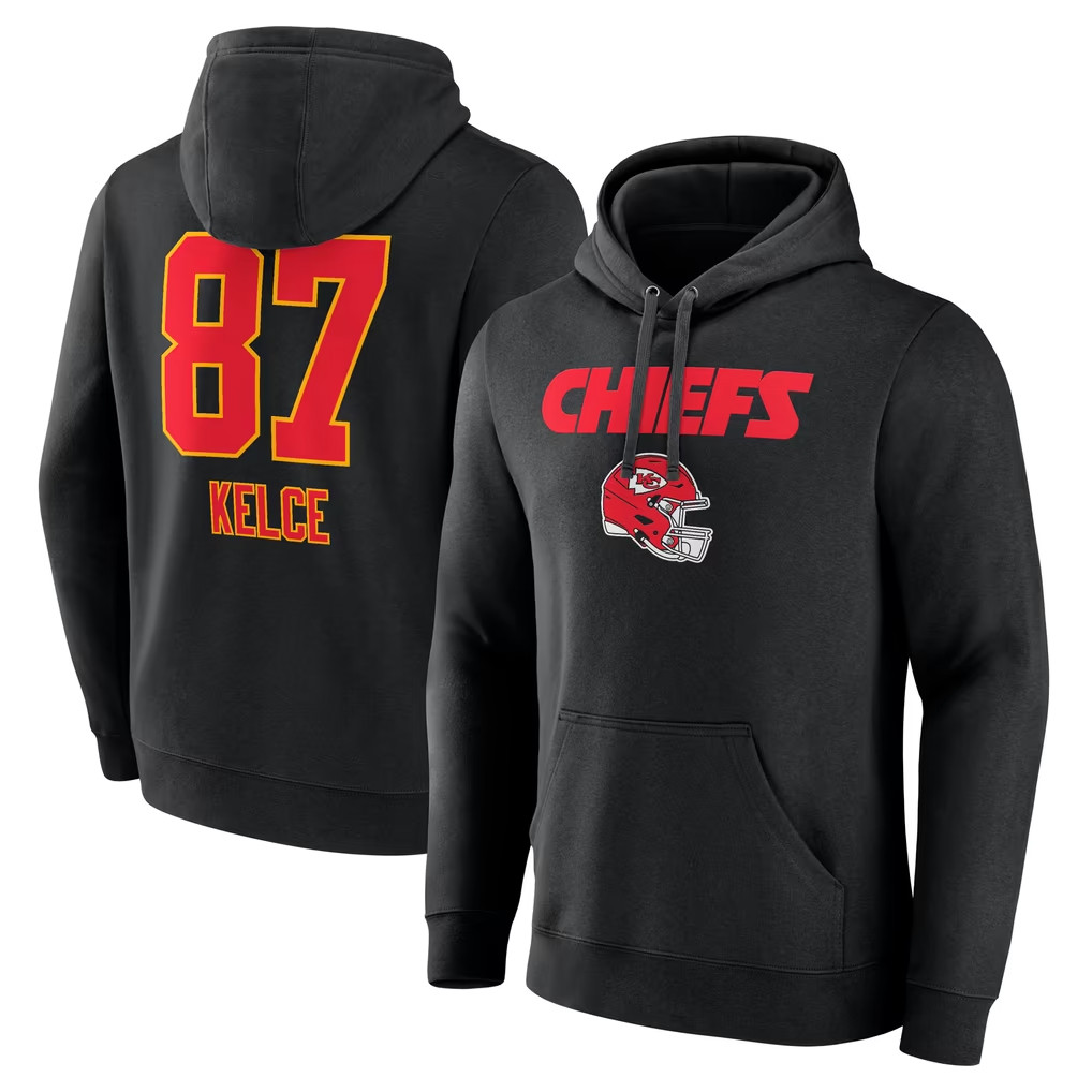 Travis Kelce Merch 2026 Kansas City Chiefs #87 Travis Kelce Team Wordmark Player Hoodie Black