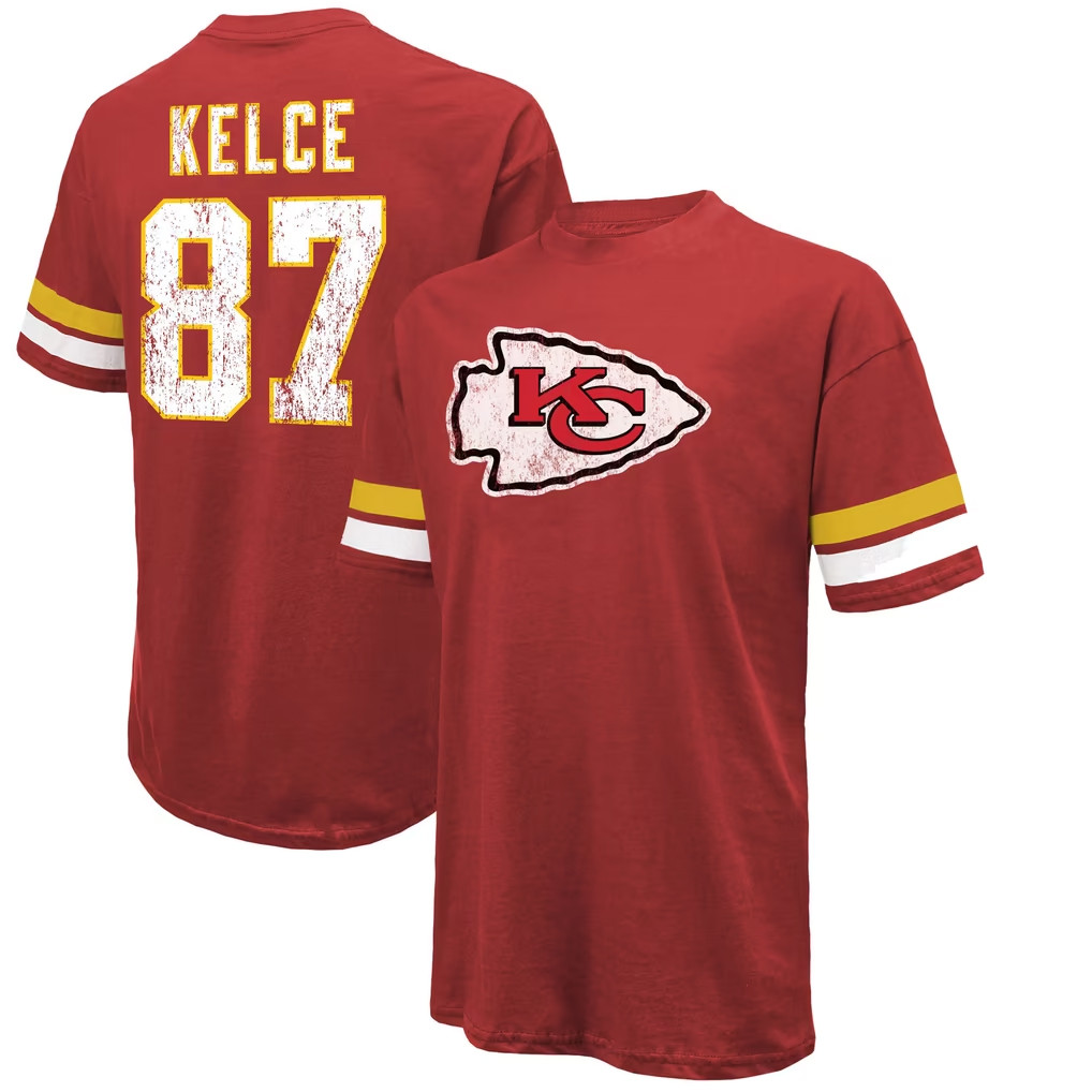 Travis Kelce Merch #87 Kansas City Chiefs Travis Kelce Majestic Threads T-Shirt Game Day Outfit