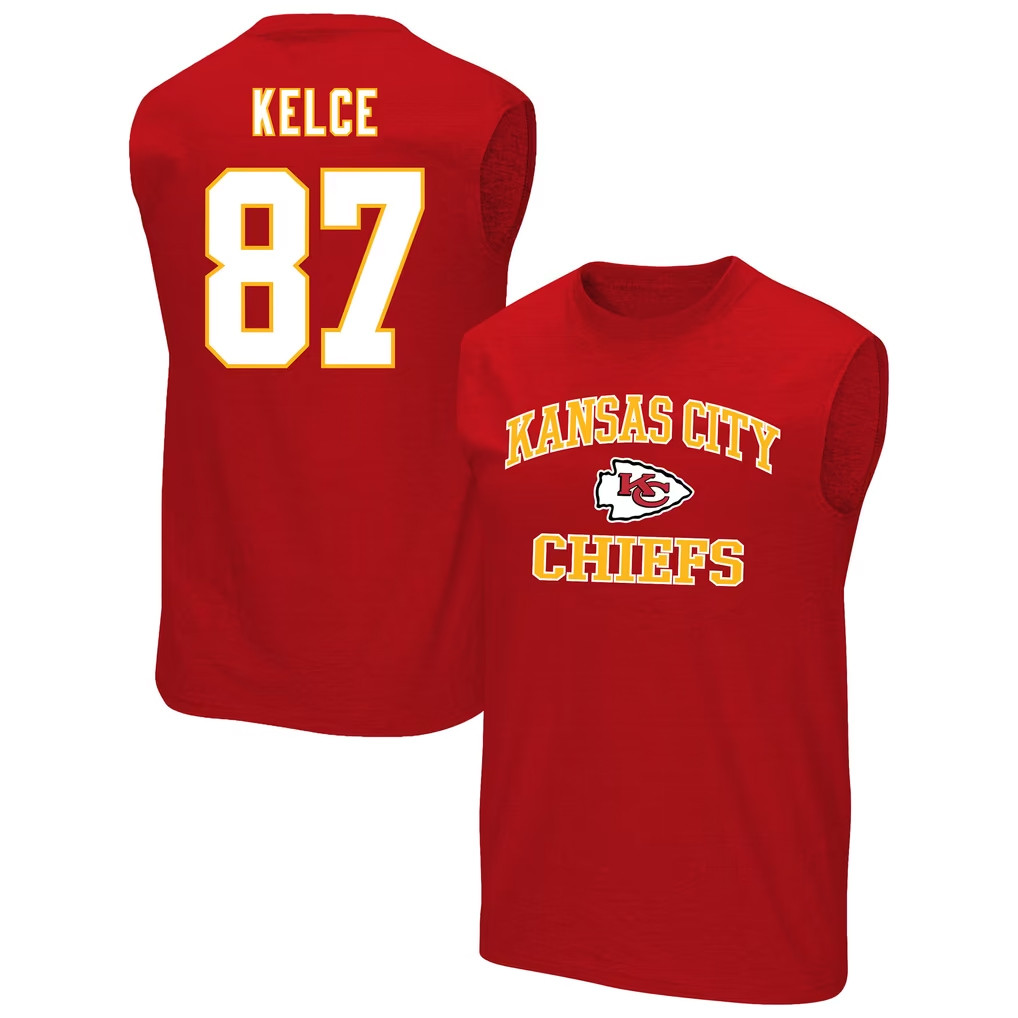 Travis Kelce Merch #87 Kansas City Chiefs Travis Kelce Player Name And Number Tank Top Red