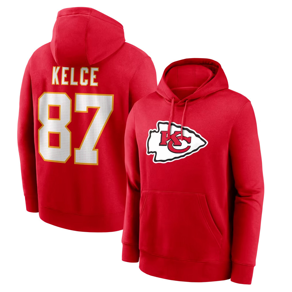 Travis Kelce Merch #87 Kansas City Chiefs Travis Kelce Red Name And Number Hoodie Fan Gear