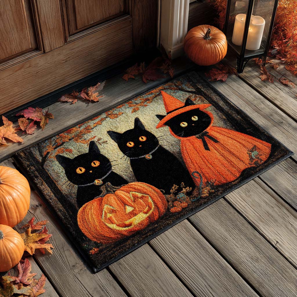 Trio Black Cats Doormat Hey Boo Welcome Mat Cool Halloween Gifts For Cat Lovers