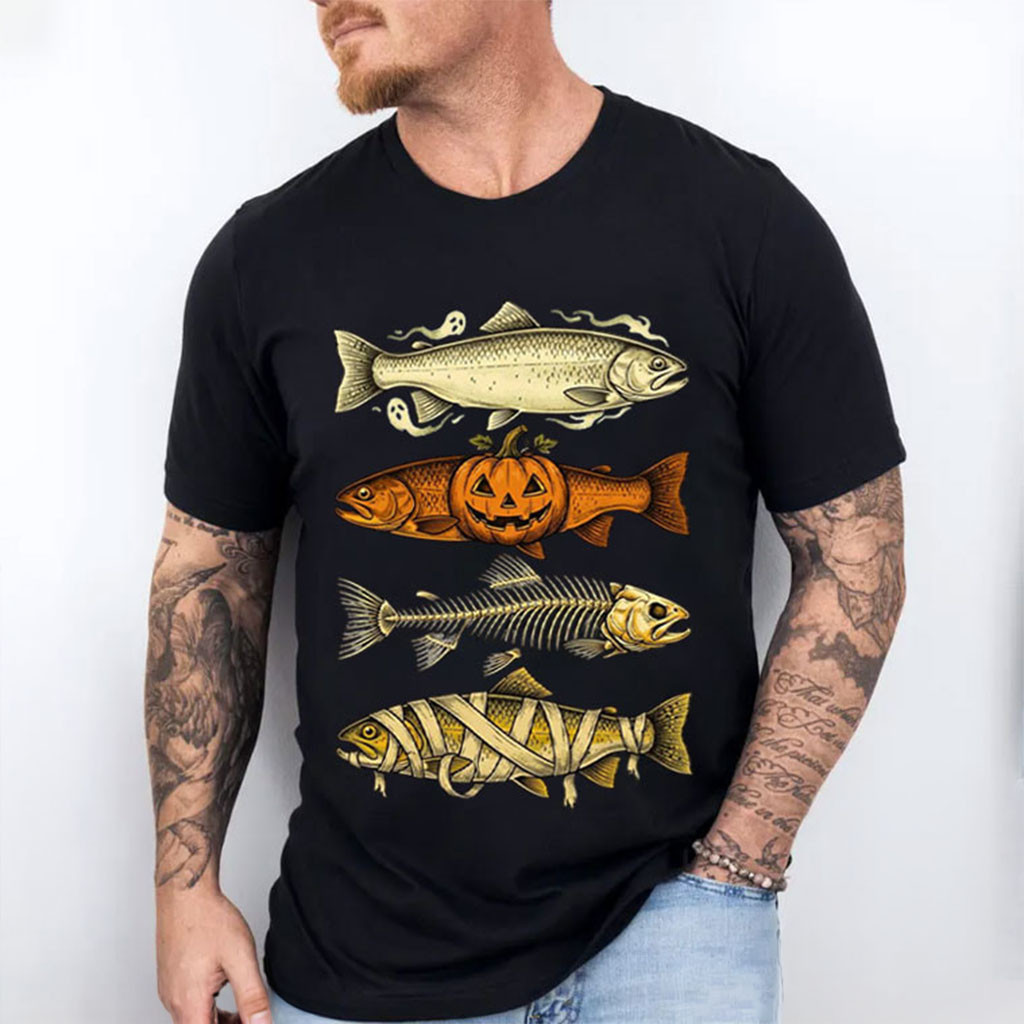 Trout Fish Ghost Pumpkin Skeleton Mummy Halloween Fishing T-Shirt Present For Fishers Man
