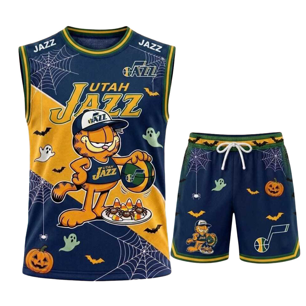 Utah Jazz Garfield Halloween Basketball Muscle Tank And Shorts Utah Jazz Merch Gift For Fans Utah Jazz Garfield Halloween Basketball Muscle Tank And Shorts Utah Jazz Merch Gift For Fans