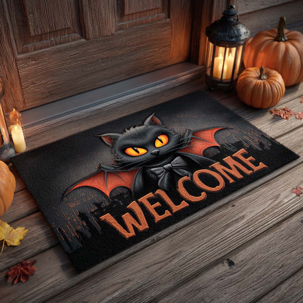 Vampire Black Cat Doormat Outdoor Halloween Doormat Welcome Decor Unique Gifts For Cat Fans