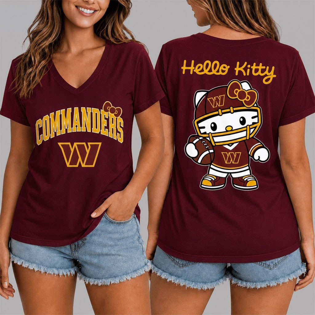 Washington Commanders X Hello Kitty V-Neck Shirt Cute Game Day Apparel Commanders Merch