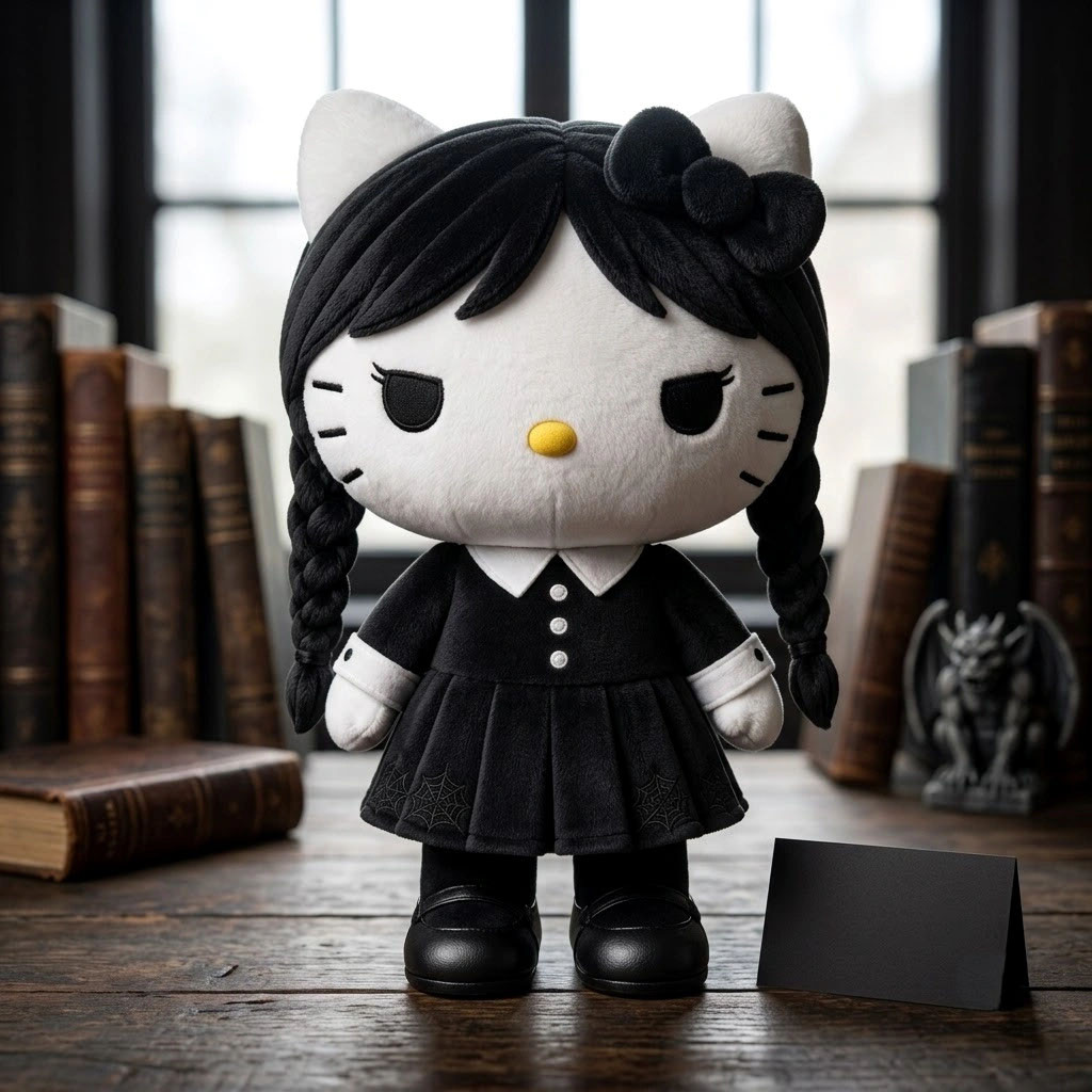 Wednesday Addams x Hello Kitty Crossover Halloween Plush Pillow Wednesday Addams Merch Decor