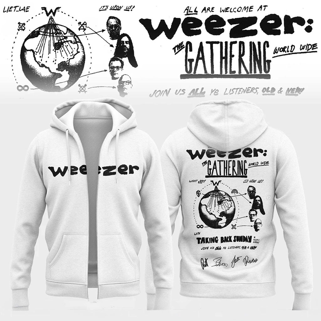 Weezer Merch The Gathering World Wide Signature Zip Hoodie White Gifts For Rock Fans