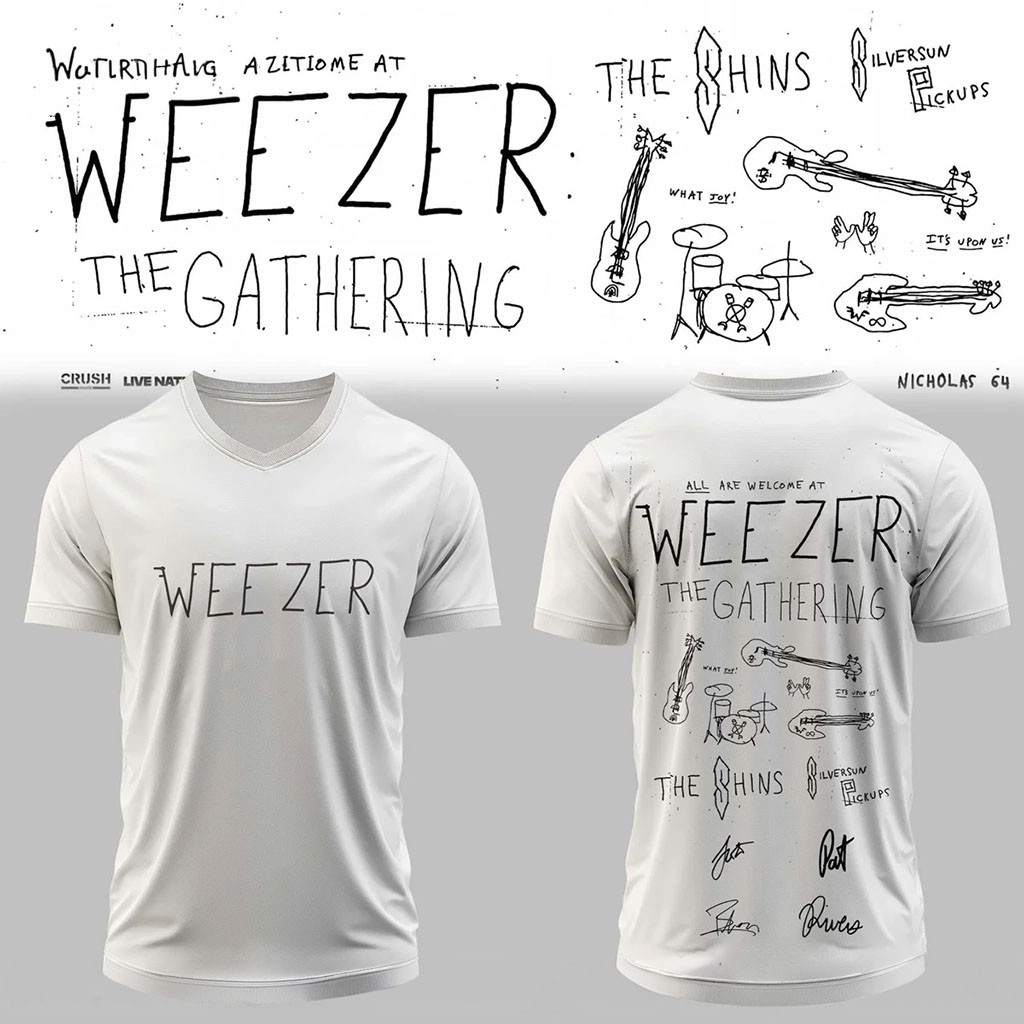 Weezer The Gathering World Wide Signature V-Neck Shirt White Weezer Merch Gifts For Rock Lovers Weezer The Gathering World Wide Signature V-Neck Shirt White Weezer Merch Gifts For Rock Lovers
