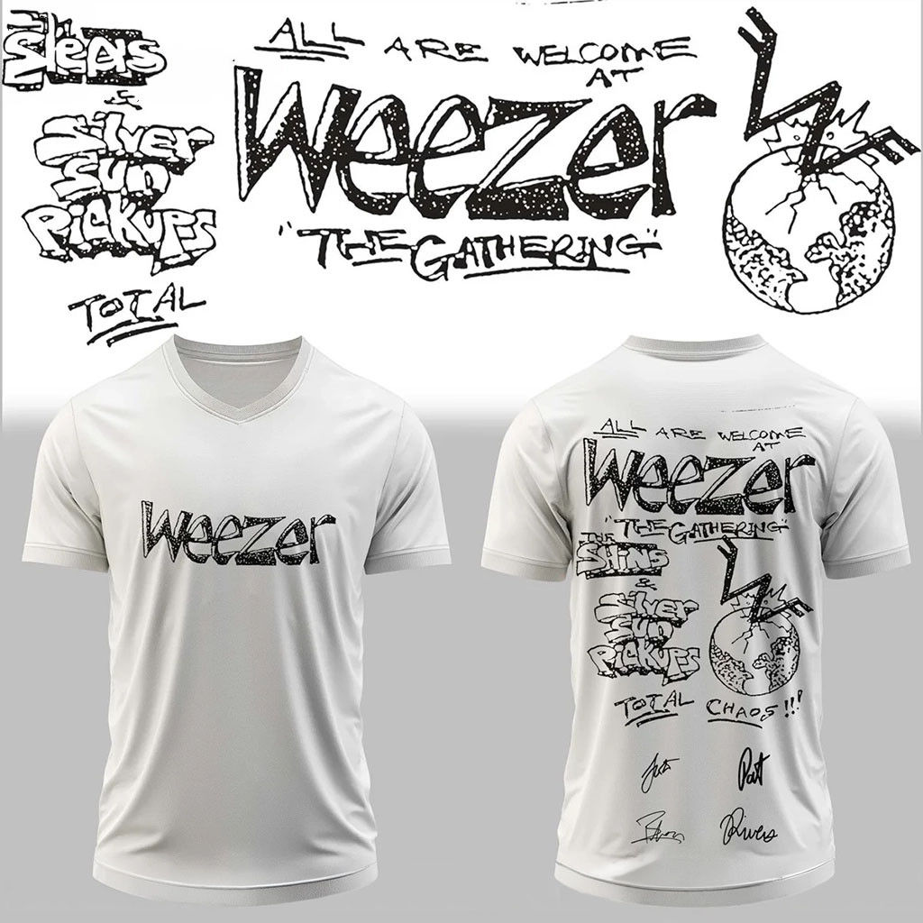 Weezer The Gathering World Wide Signature V-Neck T-Shirt Weezer Merch Gifts For Rock Fan