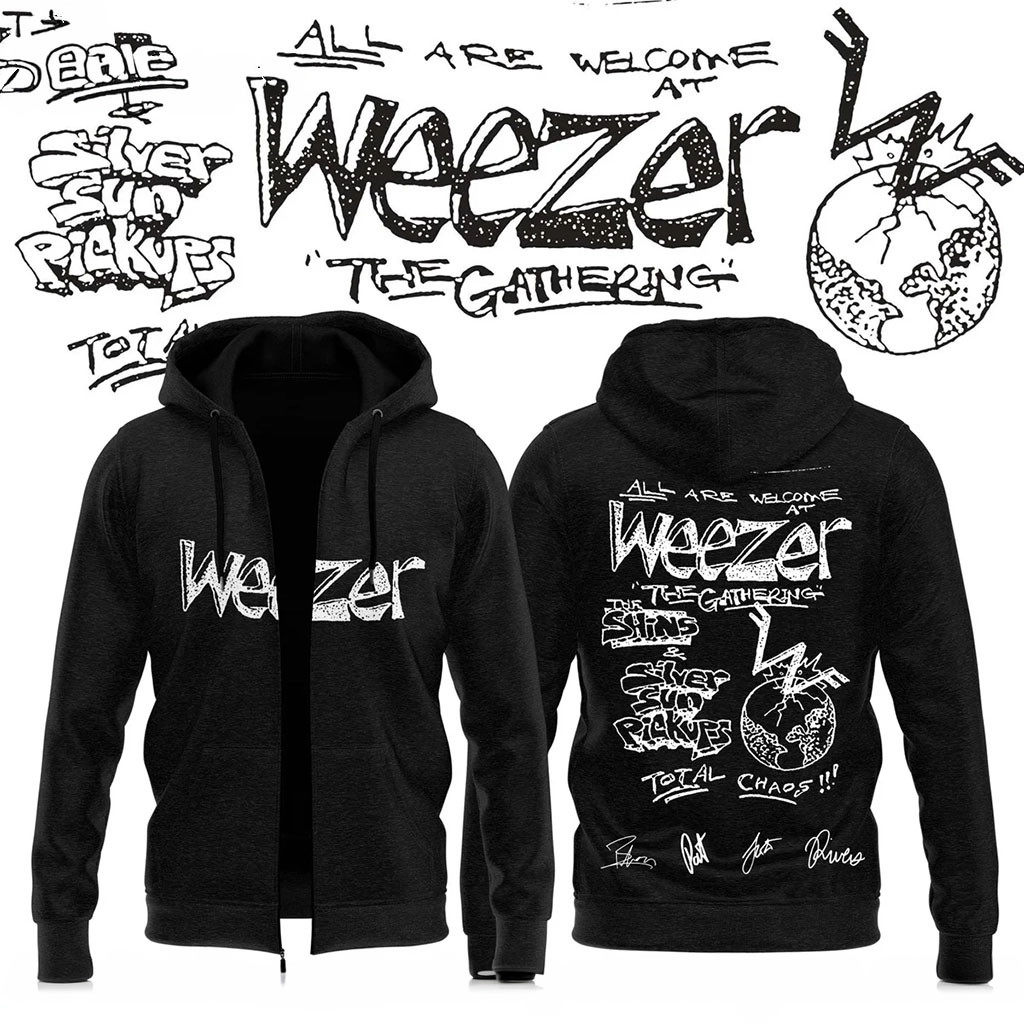Weezer The Gathering World Wide Signature Zip Hoodie White Weezer Merch Gifts For BFF