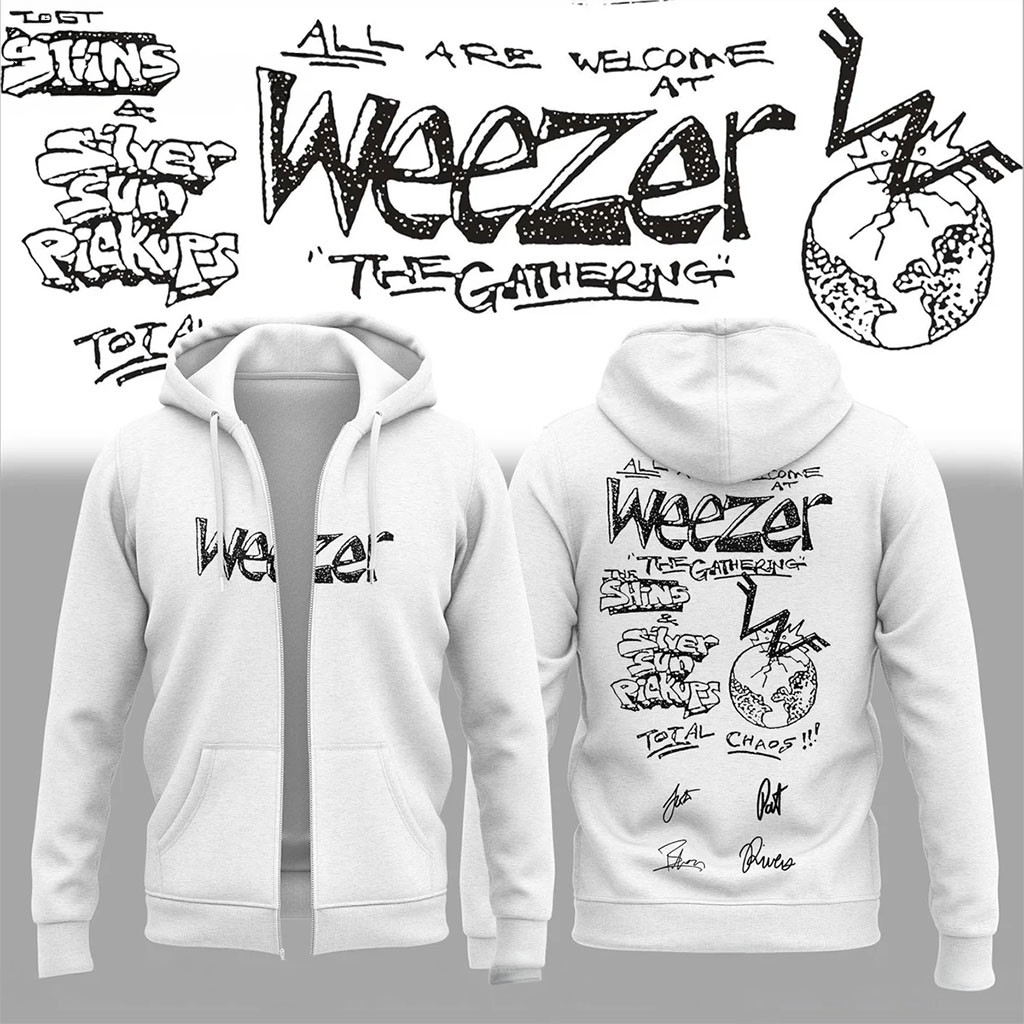 Weezer The Gathering World Wide Signature Zip Hoodie White Weezer Merch Rock Lovers Gifts