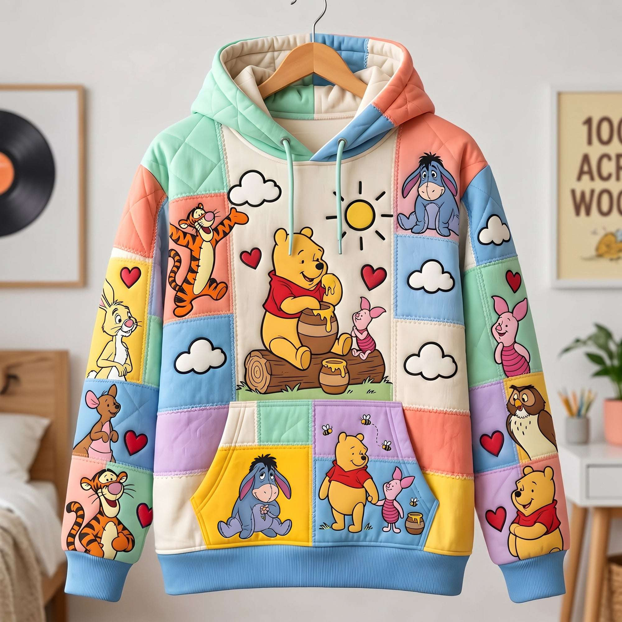 Winnie The Pooh And Friends Patchwork Hoodie Cute Cartoon Hoodie Gifts For Friends Winnie The Pooh And Friends Patchwork Hoodie Cute Cartoon Hoodie Gifts For Friends