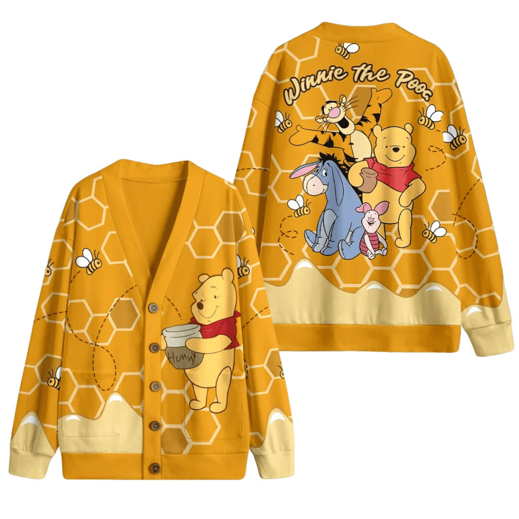 Winnie The Pooh Honeycomb Yellow Cardigan Winnie The Pooh Merch Christmas Gift For Her