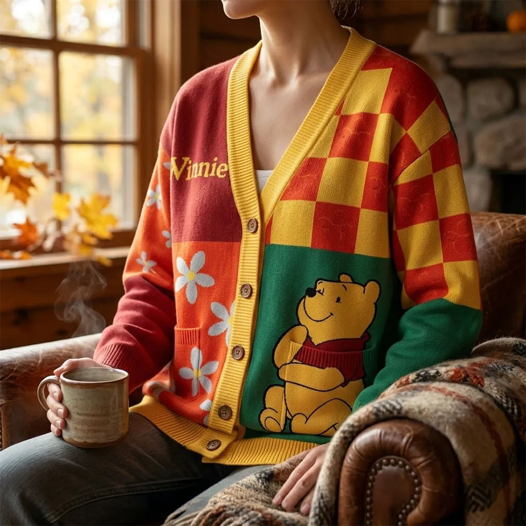 Winnie The Pooh Patchwork Colorblock Cardigan Winnie The Pooh Merch Birthday Gift For Sisters Winnie The Pooh Patchwork Colorblock Cardigan Winnie The Pooh Merch Birthday Gift For Sisters