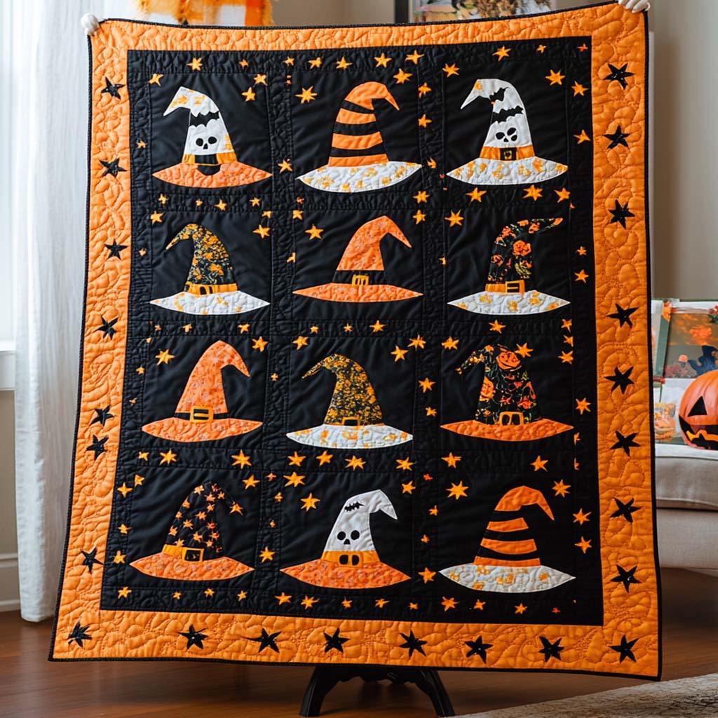 Witch Hat Patch Quilted Blanket Spooky Throw Blanket Good Gifts For Halloween