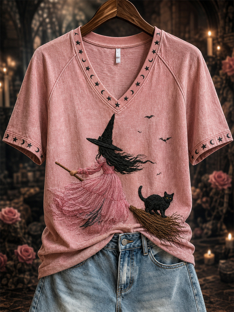 Witch With Pink Dress And Black Cat V-Neck Shirt Halloween Apparel Women's Gift For Her