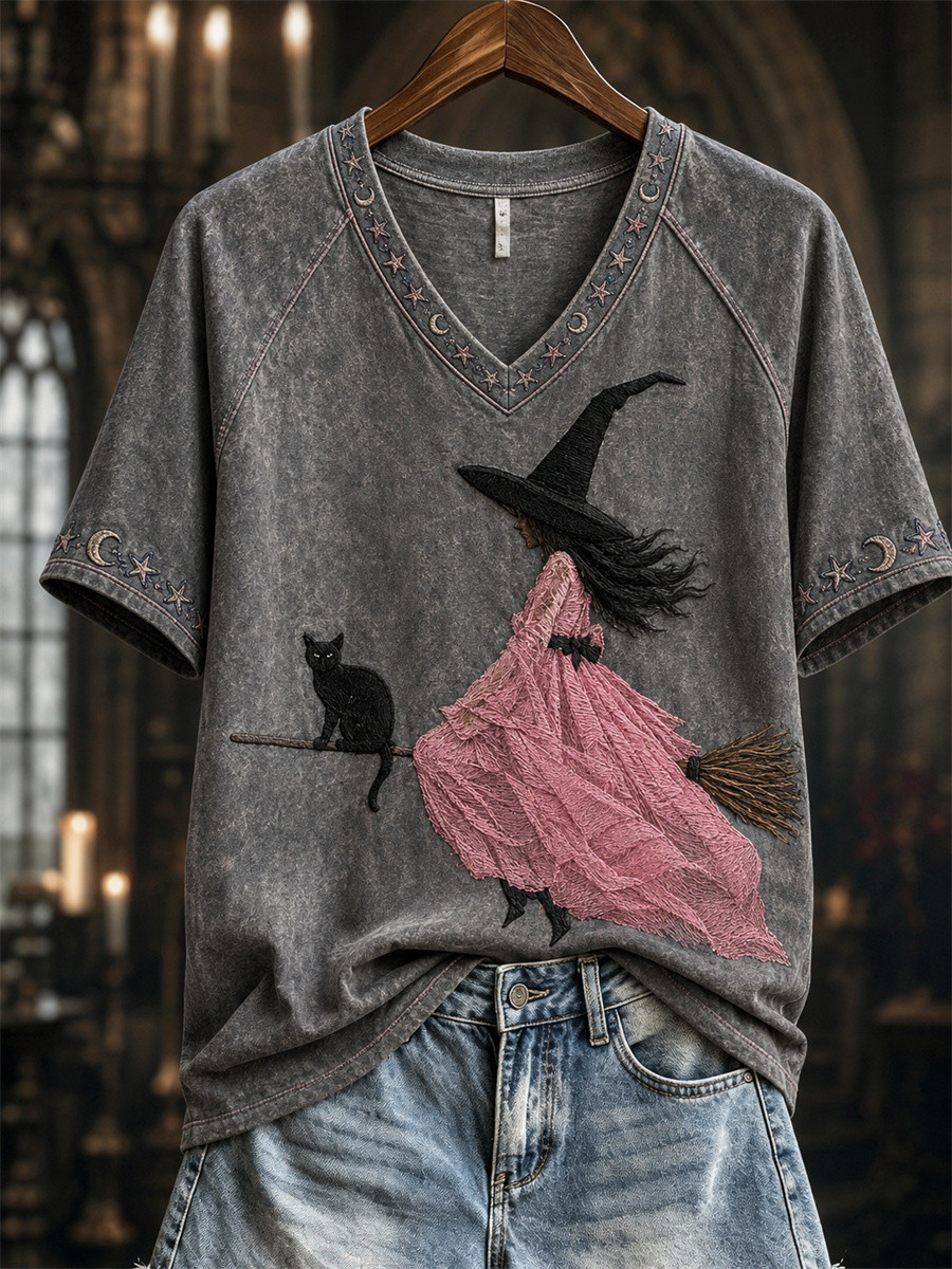 Witch With Pink Dress And Black Cat V-Neck Shirt Witch Outfit For Women Best Halloween Gifts