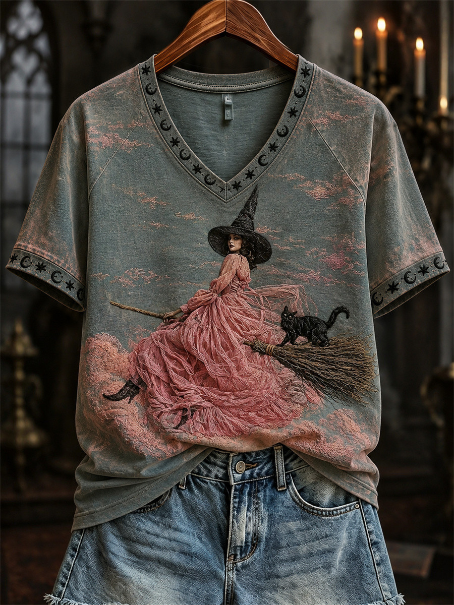 Witch With Pink Dress And Black Cat V-Neck Shirt Womens Witch Outfit Cute Halloween Gifts Witch With Pink Dress And Black Cat V-Neck Shirt Womens Witch Outfit Cute Halloween Gifts