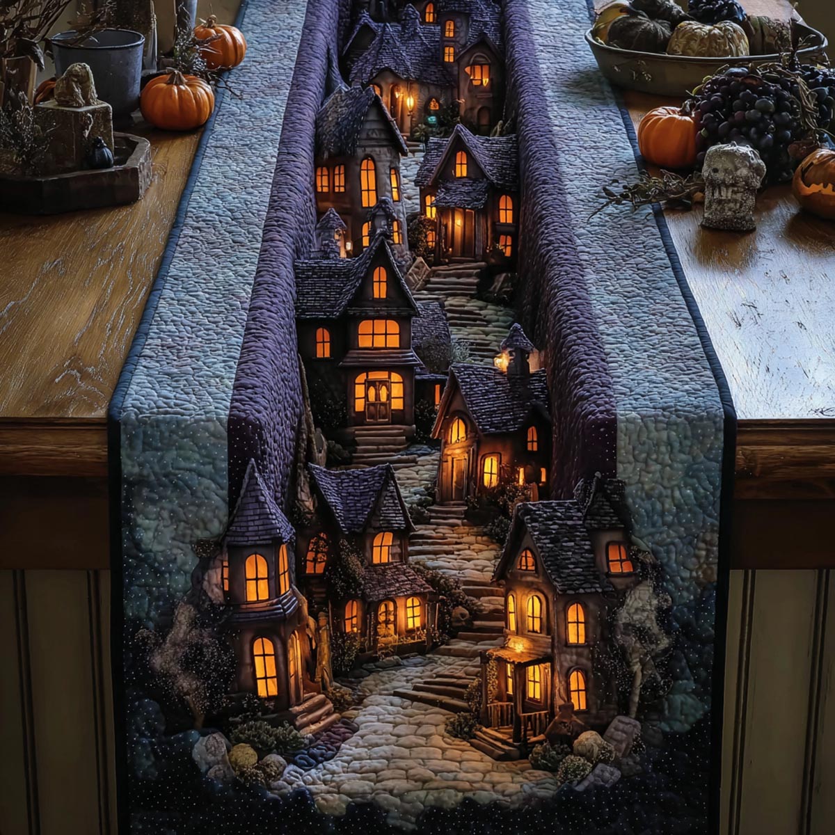 Witchlight Village Quilted Table Runner Dining Room Table Decor Cute Halloween Gifts
