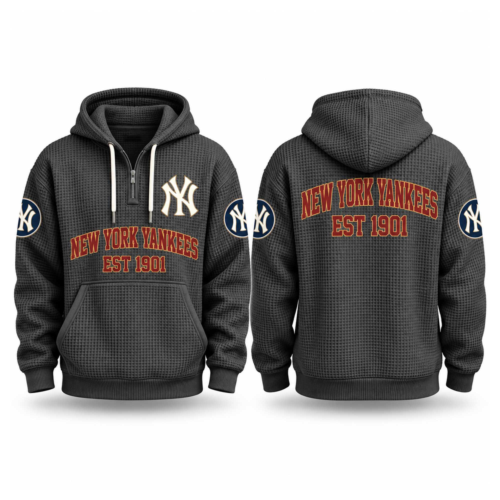 Yankees EST 1901 Quarter Zip Waffle Hoodie New York Yankees Merch Baseball Lover Gift Ideas Yankees EST 1901 Quarter Zip Waffle Hoodie New York Yankees Merch Baseball Lover Gift Ideas