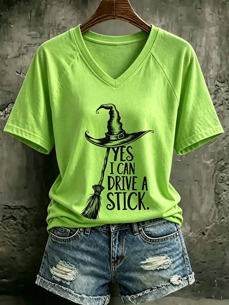 Yes I Can Drive A Stick V-Neck T-Shirt Womens Witch Outfit Halloween Gifts For Her