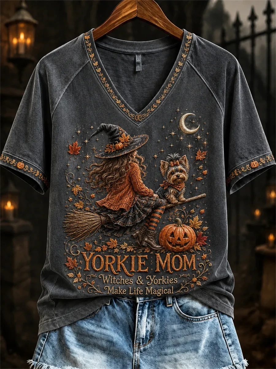 Yorkie Mom Halloween V-Neck Shirt Witches And Yorkies Make Life Magical Shirt Halloween Gifts